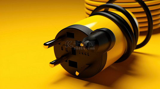 充满活力的黄色背景上黑色电源线插头的 3D 渲染