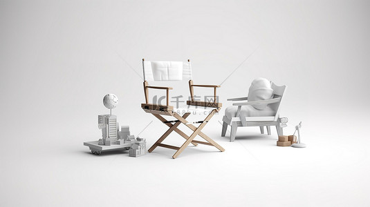 群众演员背景图片_圆形舞台与导演椅电影拍板和扩音器在白色背景上的 3d 渲染