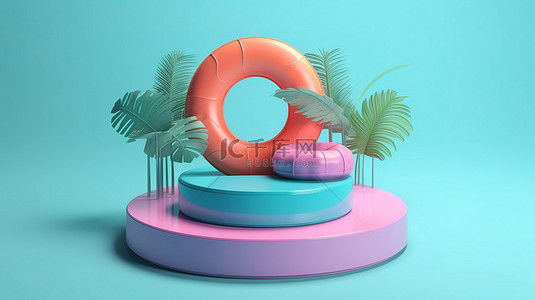 充满活力的夏季展示 3D 渲染，在彩色讲台上以简约风格呈现蓝色背景的充气游泳圈