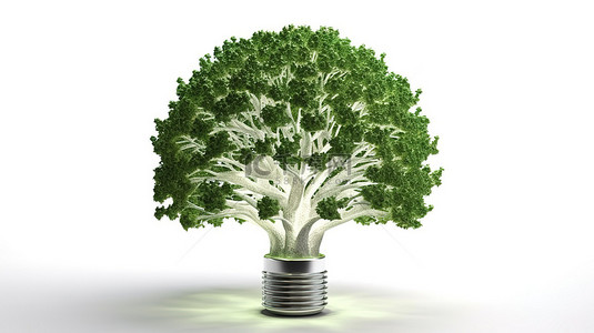 白色生态背景图片_可再生能源概念 3d 渲染树与白色背景上的灯泡花