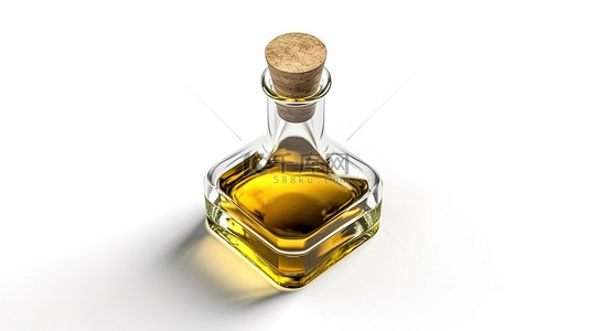 竹筒酒器背景图片_精致的橄榄油醒酒器，装在小玻璃瓶中，在干净的白色背景上用软木塞塞住，3d 渲染