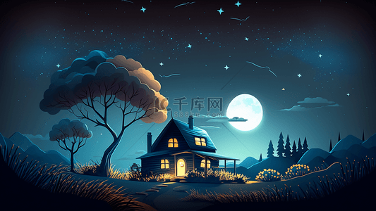 夜晚的星空月亮背景图片_夜晚小屋温馨卡通背景