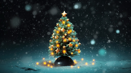 新年树的 3D 插图，繁茂的雪花和星星飘落