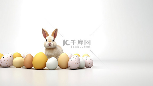 黄色兔子背景图片_复活节快乐 3D 兔子和鸡蛋在白色背景矢量图上的逼真设计