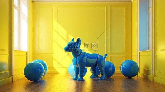 气球粉色背景图片_带有 3d 渲染的蓝色气球狗的黄色房间