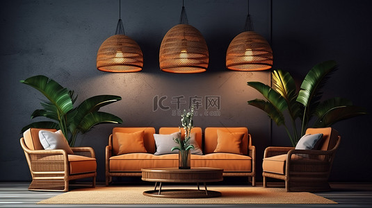 藤背景图片_设计师设计的椅子和藤制吊灯提升了客厅的精致感