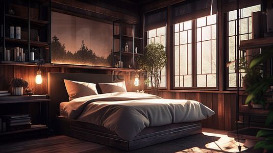 简约卧室内部 cg 渲染一张双人床和床头柜的 3D 可视化