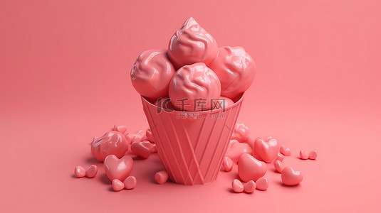 冰淇淋情人节背景图片_粉红色背景中 3d 再现的红心冰淇淋