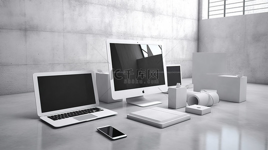 高科技手机背景图片_光滑的白色办公桌上的高科技设备 3D 渲染