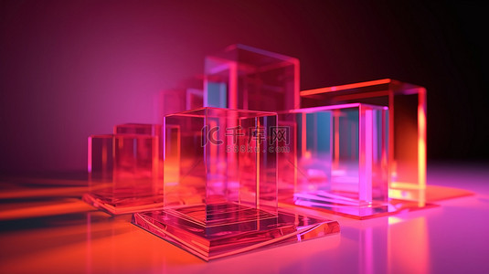 霓虹几何背景图片_工作室环境中重叠的半透明霓虹橙色和粉红色亚克力板的美学 3D 渲染