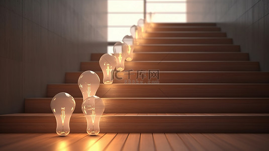 创造力的阶梯 一个启发灵感的灯泡和楼梯的 3D 渲染