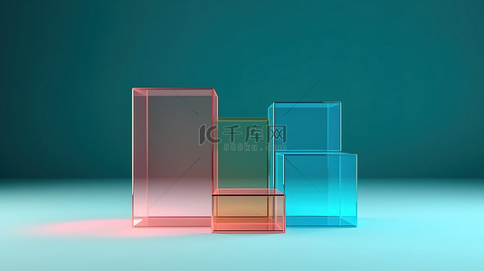 彩色透明立方体背景图片_蓝色背景上粉红色绿色和蓝色玻璃透明度几何形状的最小 3D 渲染