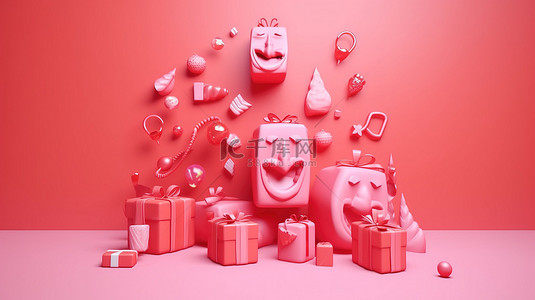 庆典红色海报背景图片_欢快的圣诞节排版充满活力的 3D 红色字体与俏皮的表情符号涂鸦
