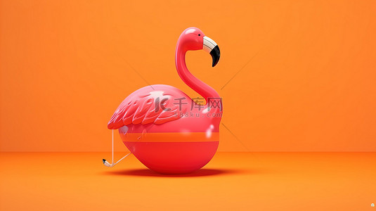 橙色背景插画背景图片_夏季概念火烈鸟充气 3D 渲染设置橙色背景