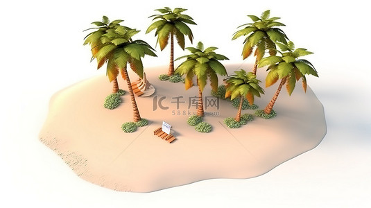 1 热带海滩的独立 3D 插图，有高耸的棕榈树