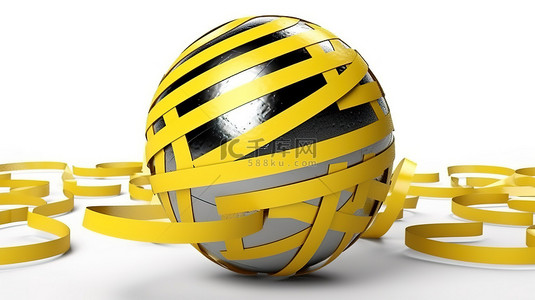 在白色背景锁定期间形成球或球体的黄色胶带条的 3D 渲染