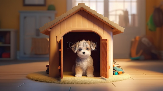 卡通动物房子背景图片_为你的毛茸茸的朋友建造一个 3D 插图房子，供狗狗居住