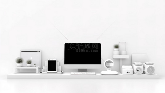 白色背景模型空间，配有 3D 渲染的平板电脑和智能手机设备