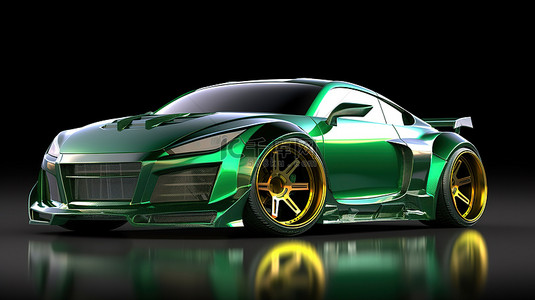 高级赛车调整绿色运动轿跑车与特殊零件和车轮扩展 3D 渲染