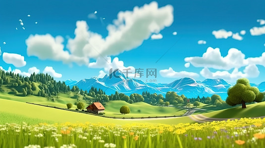 风景春夏背景图片_春夏草甸山脉和蓝天的卡通乡村景观的 3D 渲染