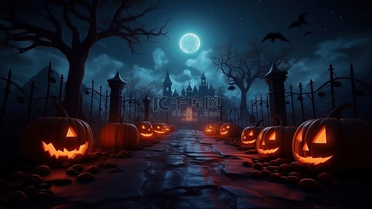 海卡背景图片_幽灵般的万圣节场景，杰克灯笼和月光怪异的墓地在夜间可爱的 3D 渲染横幅庆祝卡