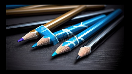 黑色纸背景上的蓝色和白色木制铅笔，带有品牌名称 3d 插图