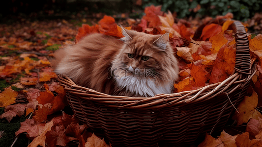 秋天落叶竹篮小猫摄影广告背景