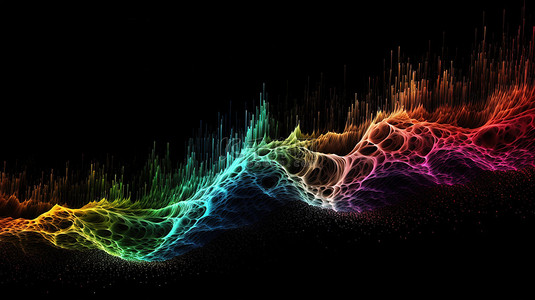 全球移动背景图片_3d 渲染中的彩虹色流动数字粒子设计