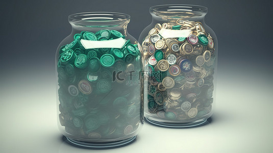 两个玻璃罐，里面装满了 3D 渲染中闪亮的 Whatsapp 徽章