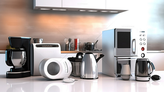 洗衣工背景图片_3D 渲染的家庭厨房用具集合