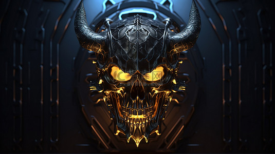 恶魔骷髅头背景图片_黑色金属恶魔头骨的辐射 3D 渲染