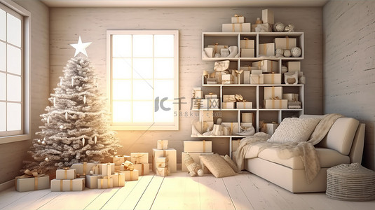家居包背景图片_室内环境中圣诞礼物的节日家居装饰 3D 渲染