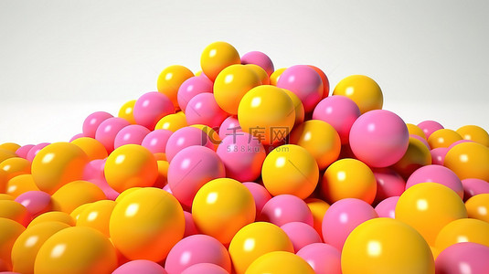 糖果几何背景图片_充满活力的 3D 插图，包含一堆抽象的粉色和黄色球体