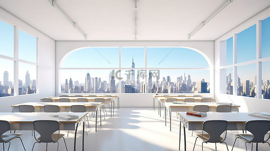 明亮教室的 3D 渲染，配有宽敞的全景窗户和白色书桌