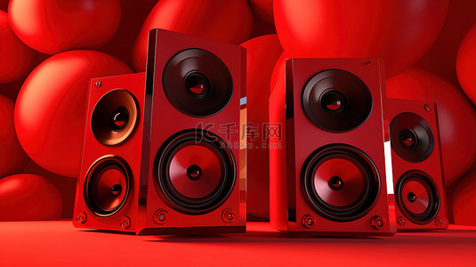 充满活力的红色背景下红色扬声器系统的 3D 插图