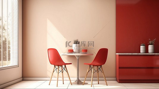 家具红色背景图片_宽敞的厨房的 3D 渲染，配有一张桌子和两把充满活力的红色椅子，旁边是空的米色墙