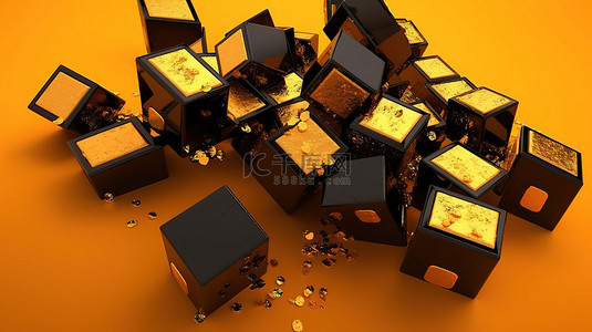 黑色折扣背景图片_橙色背景上带有 9% 黄金的浮动黑色立方体的 3D 渲染