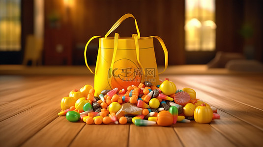 节日十月假期五颜六色的糖果和糖果装在黄色袋子里，为万圣节快乐 3D 渲染