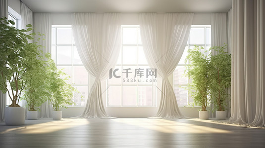 客房背景图片_现代客房配有薄纱窗帘和绿色植物 3D 室内设计