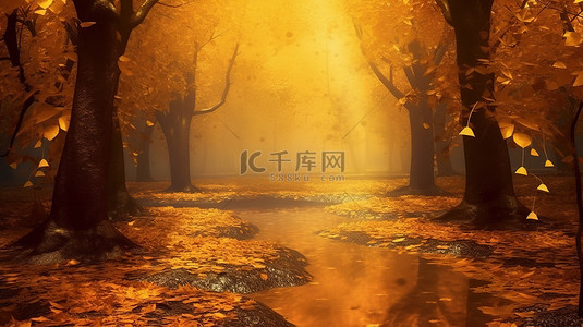 插画秋天背景图片_数字 3D 插画秋天神秘的金色薄雾中的魔法森林