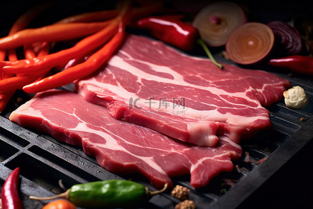 辣椒烧肉背景图片_木炭烤架上的瘦牛肉片和辣椒 纽约美食