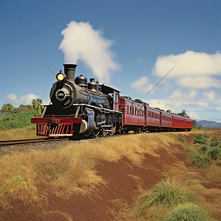 春运火车背景图片_红黑相间的火车沿着乡间小路行驶