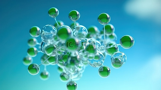 科技效率背景图片_蓝色背景与浮动绿色氢分子的 3d 插图