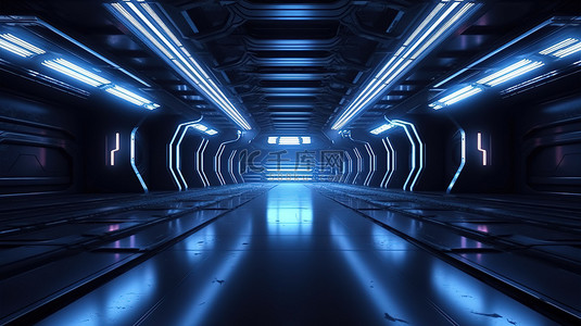蓝现代背景图片_怪异的未来派外星人车库 3d 渲染黑暗现代大厅