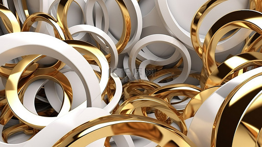 抽象背景 3D 渲染中闪闪发光的金色和白色圆环