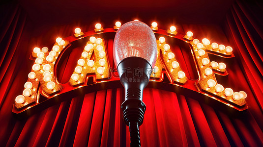 卡拉 OK 字的 3D 渲染，带有灯泡刻字，在红色剧院幕布上