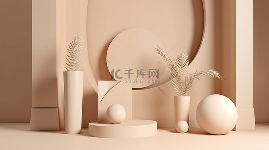 极简主义的米色几何背景，在讲台上展示产品美学 3D 渲染图