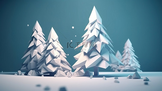 森林雪景卡通背景图片_低聚松树与雪景 3d 呈现圣诞快乐和新年快乐概念