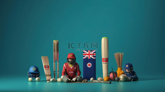 队背景图片_英格兰 vs 澳大利亚板球队的蓝色背景图像在 3D 渲染中带有锦标赛装备和复制空间