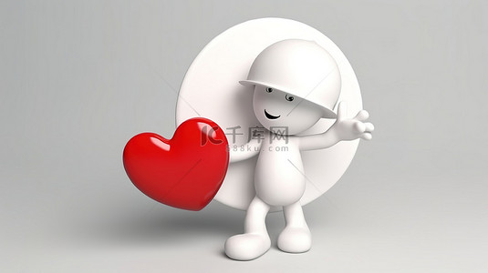 人物浪漫背景图片_3D 渲染中拥抱心形磁铁的白色卡通人物